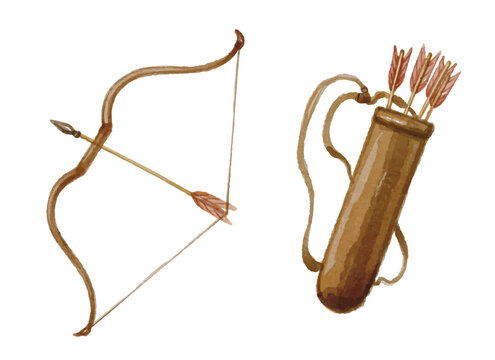Hand painted watercolor bow arrow and quiver isolated