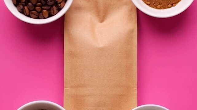 A plain paper bag sits on a vibrant pink background with coffee beans and powder