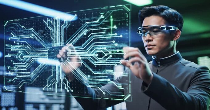 Man in futuristic glasses interacting with a holographic interface in a tech lab setting