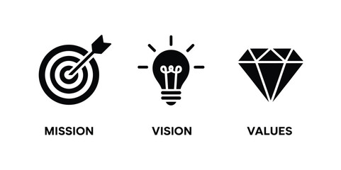 Business mission vision values icon vector illustration set with target, arrow, and diamond icons for success and strategy concept design. © Well Done