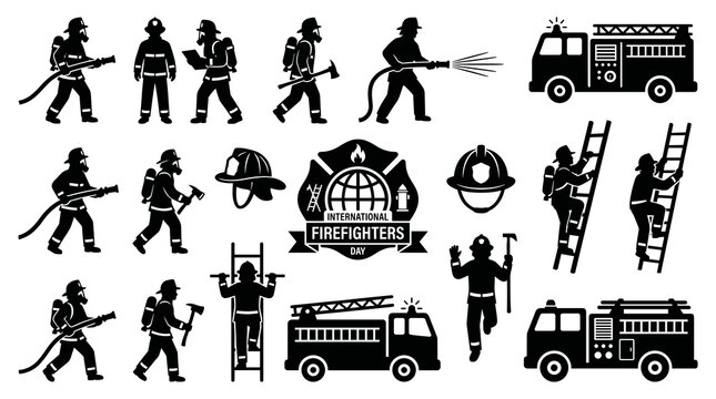 International Firefighters Day Vector silhouette bundle featuring brave firemen in action poses, climbing ladders, fire trucks, equipment, and central rescue emblem badge design.