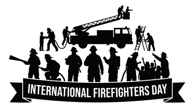 International Firefighters Day Vector Silhouette Design Featuring A Fire Engine, Brave Firemen Group, Rescue Operations, And Cheering Crowd With A Commemorative Banner.
