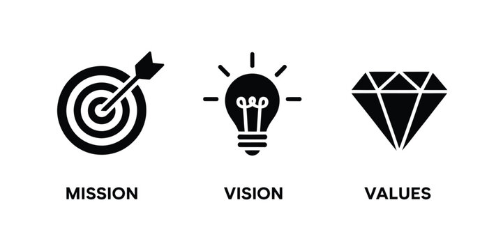 Business mission vision values icon vector illustration set with target, arrow, and diamond icons for success and strategy concept design.