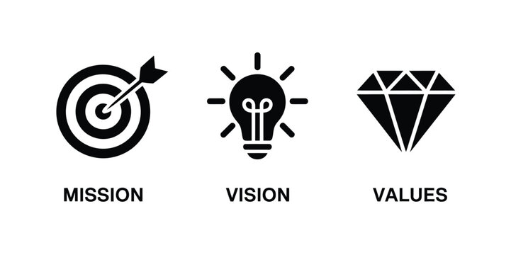 Mission, vision, and values business icon vector set featuring target, arrow, and diamond symbols for success strategy and corporate goals design.