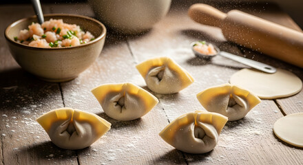 Fototapeta premium Handmade raw shrimp wontons on floured wooden kitchen table