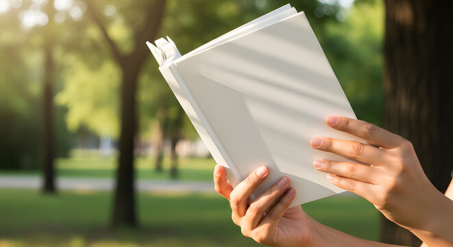 Hands holding blank white book in sunlit park with blurred trees
