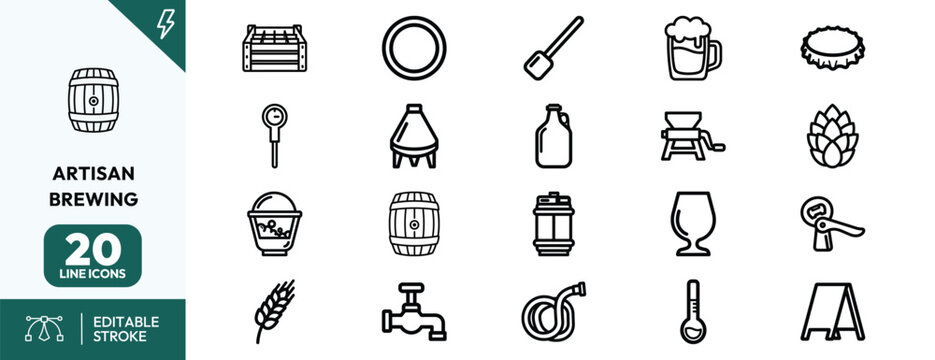 Artisan brewing icons set for beer crafting branding and packaging design in modern minimal style