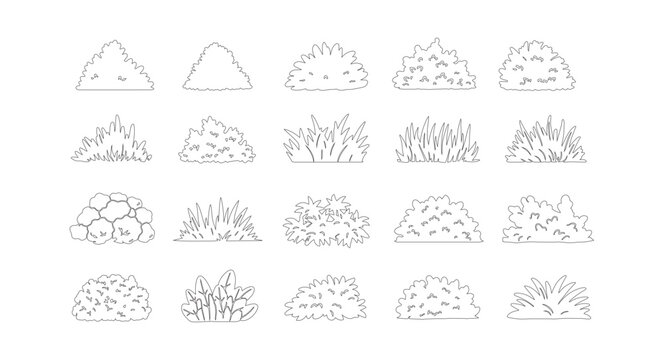 Minimalist bush line icons set, 20 nature shrub vector elements, simple outline garden plants, botanical landscape design assets for architectural site plans