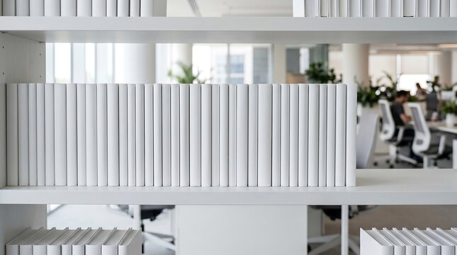 Organized Blank White Books on Shelf in Modern Office. Clean Minimalist Home Library. Zoom Virtual Backgrounds. Interior Backdrops, Room Backgrounds for Virtual Meetings