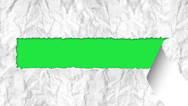 torn paper strip revealing bright green chroma key background. Rough ripped edges realistic paper texture contrast, video editing, compositing, advertising overlays, design background replacement.