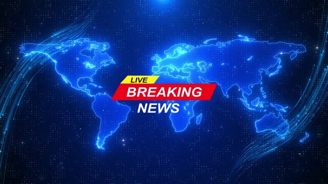Live breaking news world map background glowing blue continents, data grid, bold , broadcast style graphics. news intros, channel promos, urgent updates, global reports, headlines, media templates.