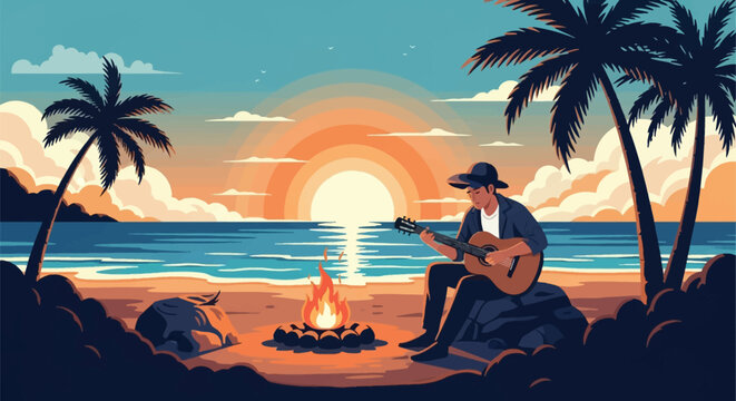 Flat vector illustration of a man playing an acoustic guitar by a campfire on a tropical beach at sunset with palm trees, calm ocean waves, rocks, and a large sun in the sky.