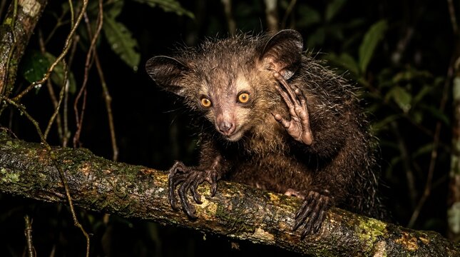 Rare Nocturnal Aye-aye Daubentonia madagascariensis Perched on a Tree Branch at Night