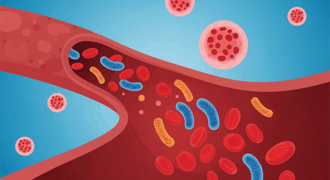 Medical vector illustration showing a cross-section of a human blood vessel with red blood cells, leukocytes, and bacterial pathogens circulating through the bloodstream.