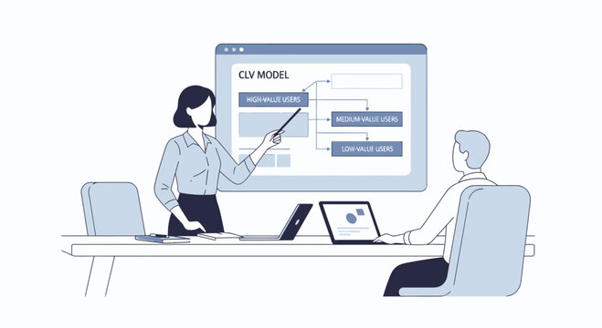 Businesswoman presents CLV model on screen to colleague in modern office meeting