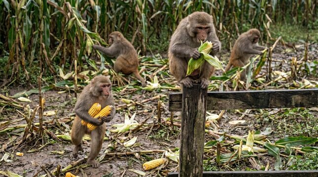 Rhesus Macaque Monkeys Stealing Corn from Farm Field, Macaca mulatta Raiding Crops in Rural Landscape