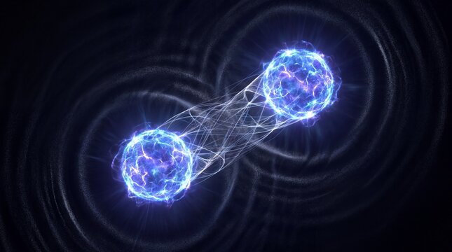Quantum Entanglement Concept Illustration, Two Subatomic Particles Linked in Deep Space Physics