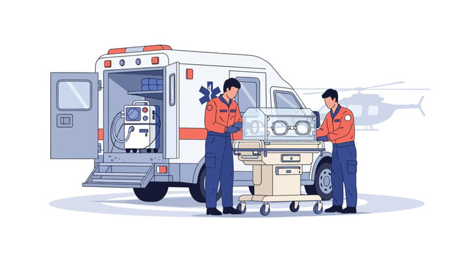 Emergency medical team preparing transport with ambulance and helicopter