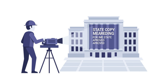 Filmmaker projects 'State Copy' onto government building, symbolizing approval and legislation