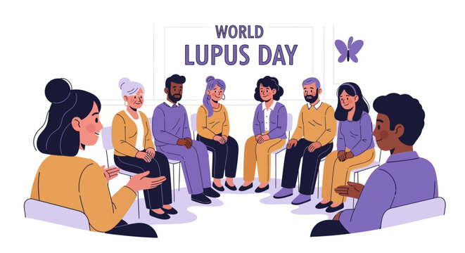 Diverse group seated in a circle for World Lupus Day, depicted in a flat vector illustration with purple ribbon awareness and healthcare campaign elements against a bright white background