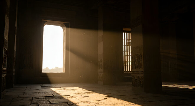 Ancient stone interior with dramatic sunbeams piercing through a large window and ornate window frame