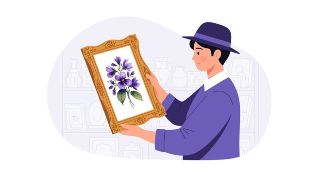 Man in hat holding framed painting of purple flowers in art gallery