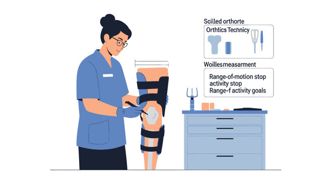 Orthotist fitting knee brace on patient, measuring range of motion for rehabilitation