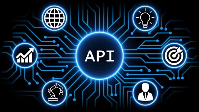API concept with circuit lines and digital symbols hovering above a businessman, technology. manufacturing process management all connected in a digital circle like pattern.