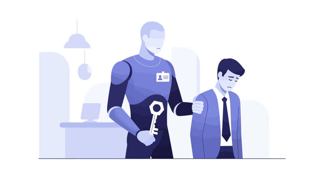 Robot helping sad businessman with key, artificial intelligence, automation, support, future concept