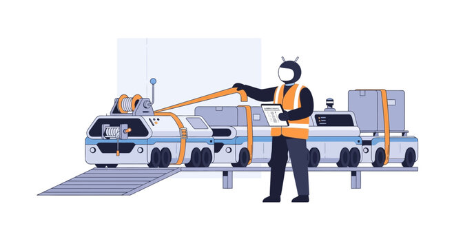 Robot worker securing cargo on automated guided vehicles for logistics and delivery