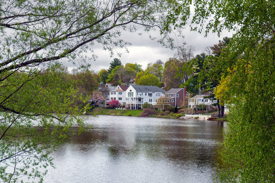 Scenic view of Chandler Pond with residential houses and spring foliage in Brighton neighborhood of Boston, Massachusetts