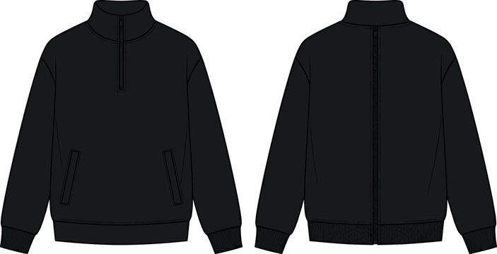 Black Quarter Zip Sweatshirt Technical Fashion Flat Vector Template with Front and Back Views for Apparel Design, Streetwear Mockups, and Clothing Manufacturing