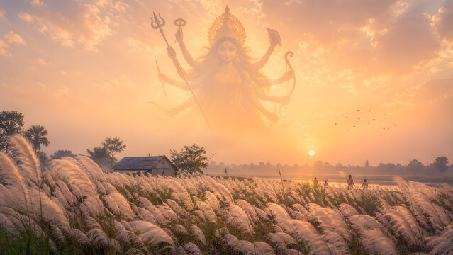 Dreamy Kash Flower Field with Goddess Durga Silhouette in Autumn Mist &ndash; Bengal Countryside Spiritual Landscape