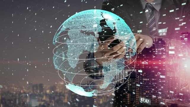 A business professional engages with a smartphone while a digital globe and data streams hover in a modern cityscape, symbolizing connectivity and innovation. Xenic