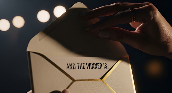 Close-up of a hand opening an envelope with ""And the winner is..."" text dramatic lighting