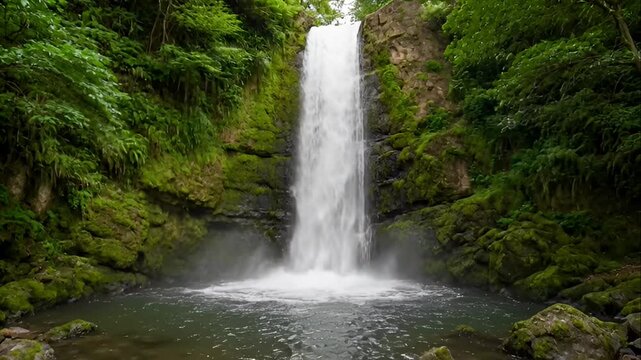 Waterfall in a lush green forest.