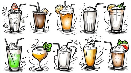 Obraz premium Hand Drawn Cocktail and Beverage Illustrations Set on White