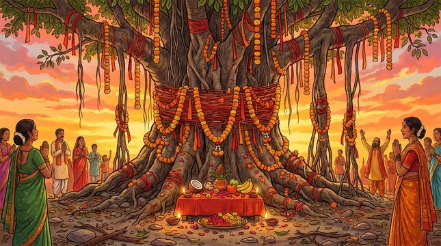 Vat Savitri Vrat: A Sacred Banyan Tree Adorned for the Auspicious Festival