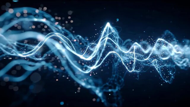 Abstract wave lines and glowing particles pulse in a dark digital network environment suitable for technical data science backgrounds.
