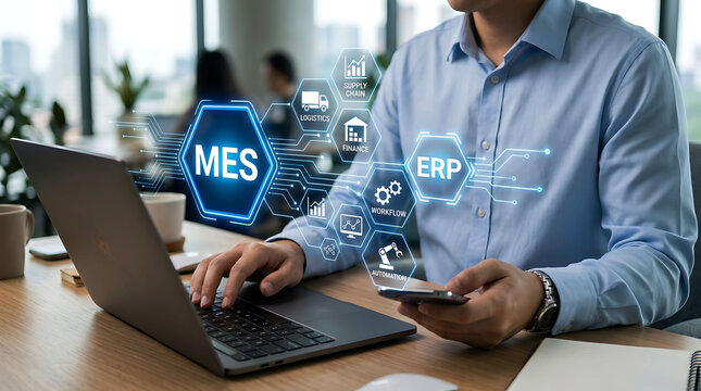 Businessman Using MES And ERP Systems For Supply Chain Automation