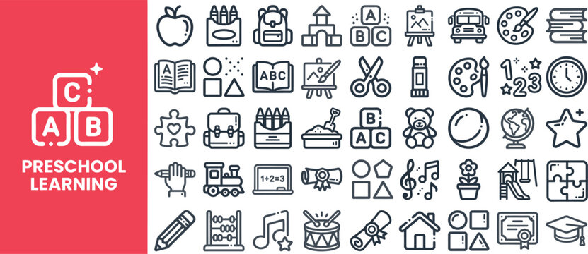Preschool Learning and Kid Education outline icon set. Featuring alphabet, toy, book, crayon, and play symbols. Editable stroke vector icons for kindergarten activity and early learning.