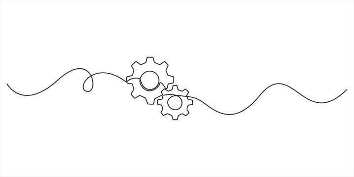 Illustration of three interlocking gears of different sizes, made in one continuous line. Minimalist mechanical cogwheels drawing with a black stroke on a white background, vector illustration. 