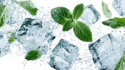 Naklejka premium Refreshing mint leaves and ice cubes splashing in clear water with bubbles