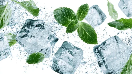 Refreshing mint leaves and ice cubes splashing in clear water with bubbles © mashimara