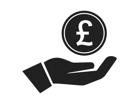 Pound coin payment hand icon vector illustration showing currency drop symbol for banking, finance, and mobile app interface design.