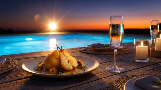 Luxury Romantic Dinner by the Poolside with Poached Pears and Champagne at Sunset
