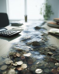 A stream of coins flowing like a small river across a clean office desk, passing around a calculator and notebook, surreal finance concept