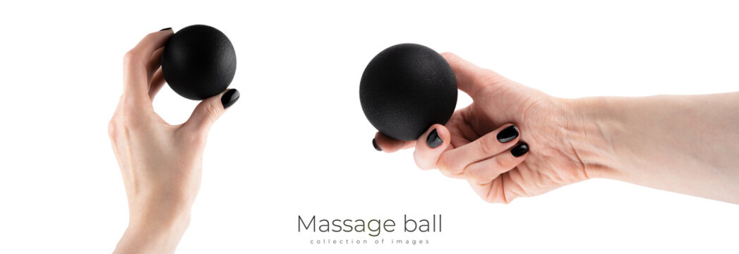 Massage black ball in female hand for trigger points isolated on a white background. Concept of myofascial release.