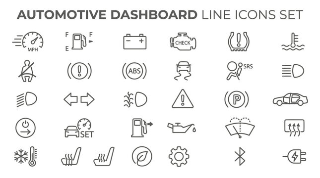 Automotive Dashboard Line Icons Set for Car Maintenance Diagnostics and Vehicle Interface Design.