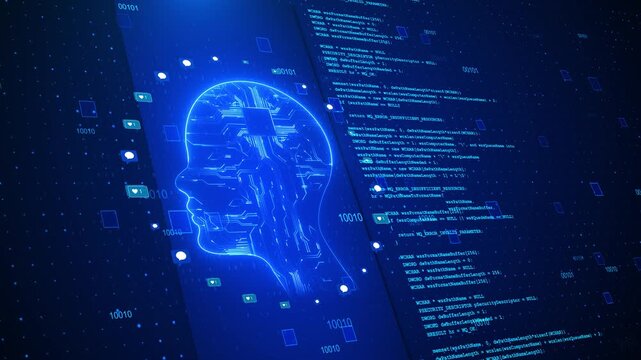 AI digital head code glowing human profile, circuit brain, binary numbers, social icons, blue technology panels. artificial intelligence machine learning intros, chatbot promos, data visuals
